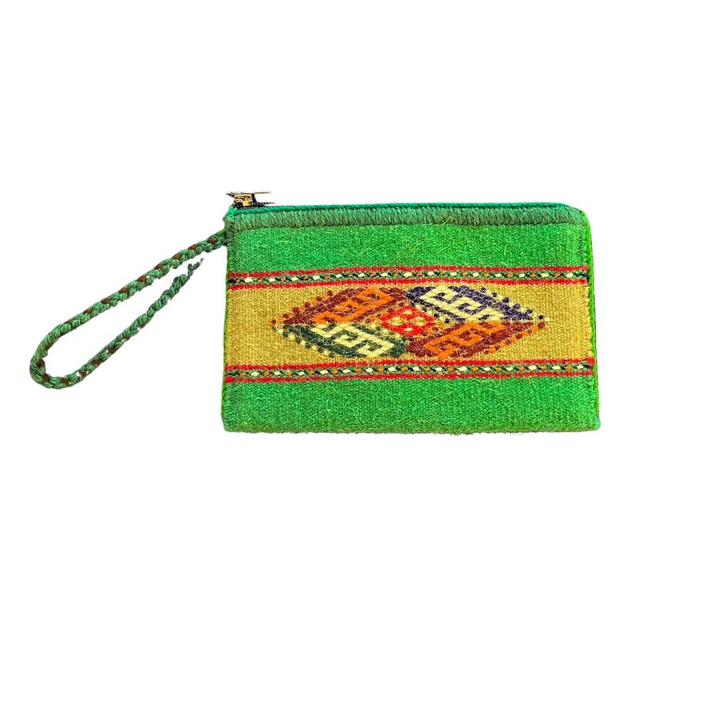 NWOT Turkmen Woven Wool Carpet Clutch Wristlet Purse, Green w/ Multicolor Design